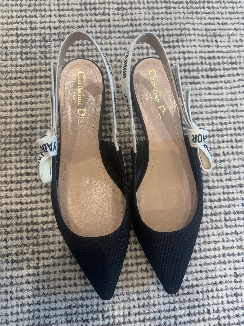 Dior Black Pointed Toe Slingback Flats with Ivory Logo Bow